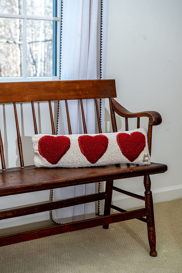 Three Hearts Hand-Hooked Wool Throw Pillow 8 x 24 Inch