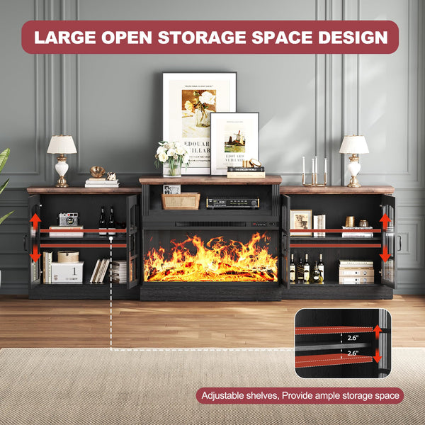 97" Farmhouse Fireplace TV Stand with 3-Sided Electric Fireplace & Storage Cabinets