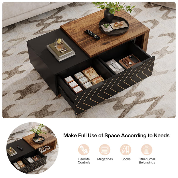 Tribesigns Extendable Coffee Table with 2 Storage Drawers, Dual-Tone Center Table with Sliding Tabletop, Multi-Functional Hidden Storage Wooden Rectangle Cocktail Table for Living Room (Brown & Black)
