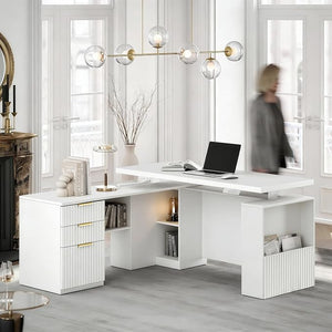 63" L-Shaped Electric Standing Desk with Drawers & File Cabinet