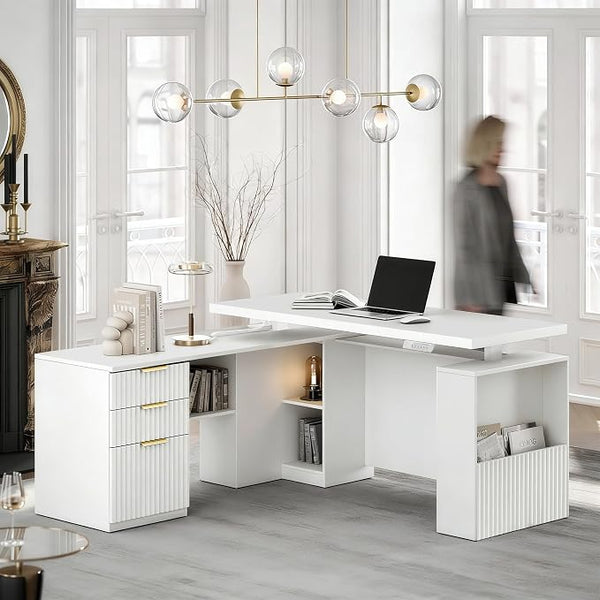 63" L-Shaped Electric Standing Desk with Drawers & File Cabinet