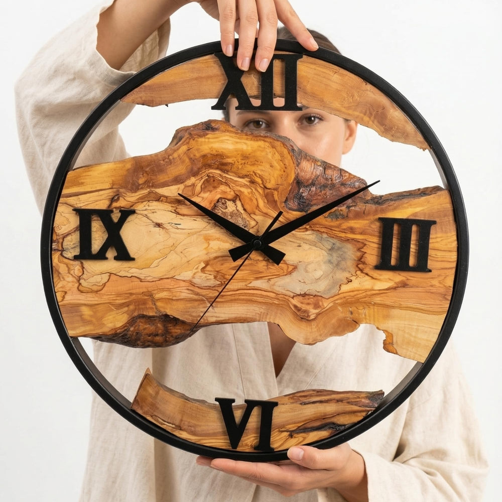 Olive Wood Wall Clock – Live Edge Silent Non-Ticking