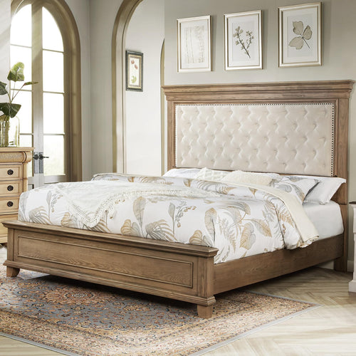 King Size Upholstered Bed Frame with Tall Headboard – Solid Wood, No Box Spring