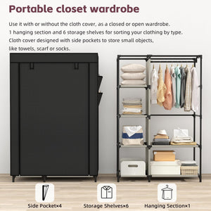 Portable Wardrobe Closet with 6 Shelves & Hanging Rod