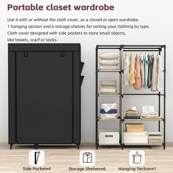 Portable Wardrobe Closet with 6 Shelves & Hanging Rod