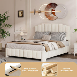 Queen Bed Frame with Adjustable Headboard & Boucle Upholstery