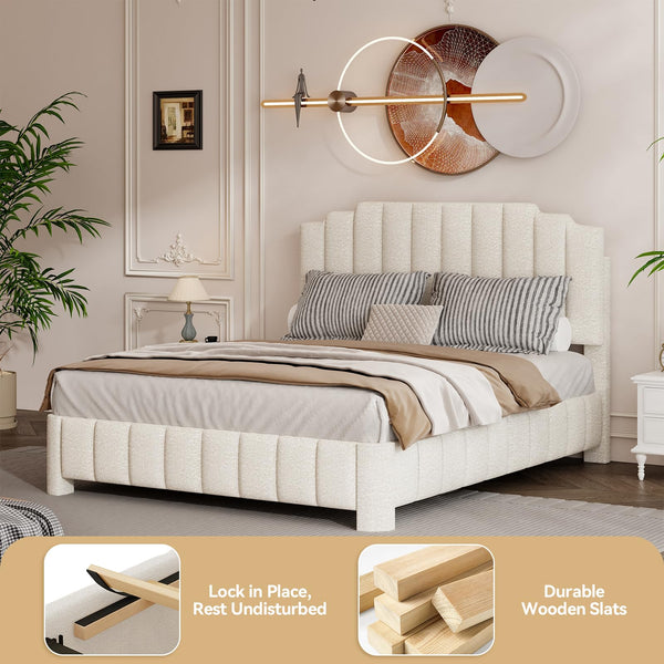 Queen Bed Frame with Adjustable Headboard & Boucle Upholstery