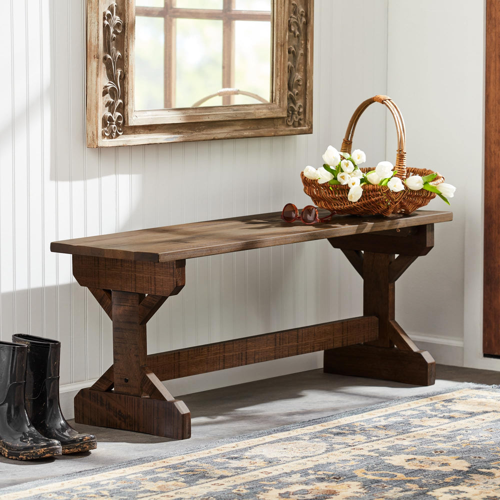 Meranti Wood Farmhouse Bench with Walnut Stain