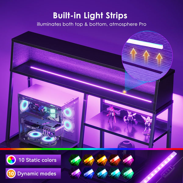 L-Shaped Gaming Desk with LED Lights and Display Shelves
