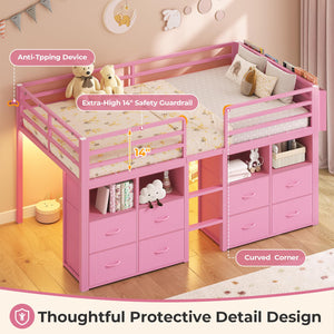 Low Loft Bed Twin with 8 Storage Drawers, Bookcase & LED Lights
