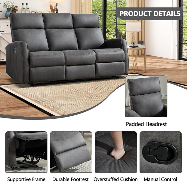 3-Seat Wall-Hugger Reclining Sofa – Grey Fabric