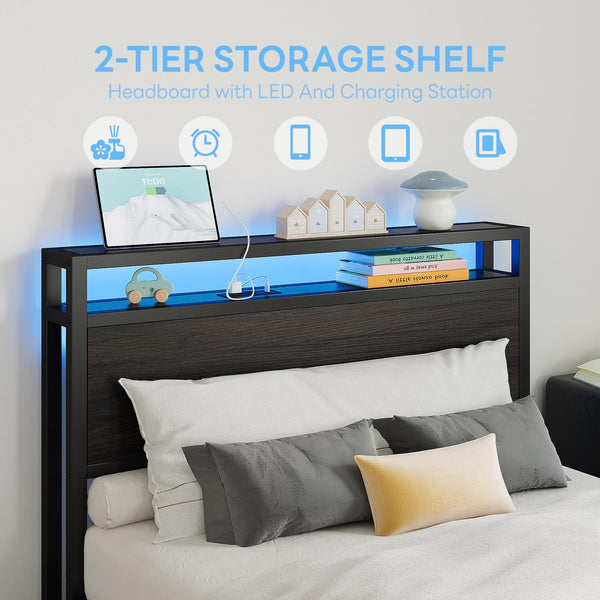 Twin XL Bed Frame with Storage Drawers, LED Light & Charging Station