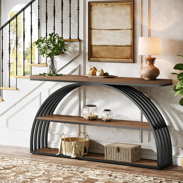 63-Inch Arched Console Table with 3-Tier Shelves