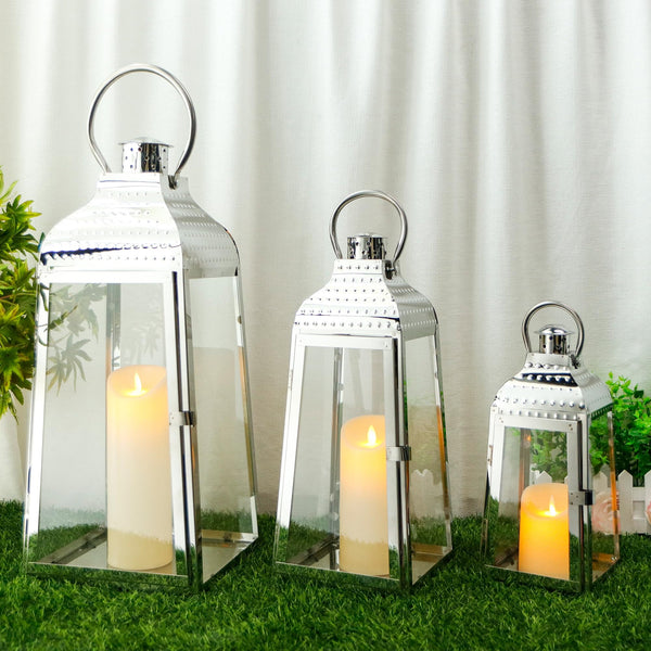 Silver Candle Lanterns Set of 3 – Stainless Steel & Tempered Glass
