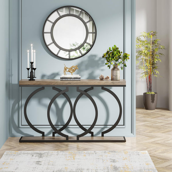 55-Inch Industrial Console Table with Geometric Metal Frame