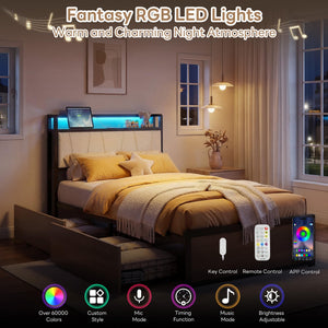 Twin XL Bed Frame with Storage Drawers, Charging Station & LED Lights