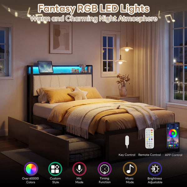 Twin XL Bed Frame with Storage Drawers, Charging Station & LED Lights