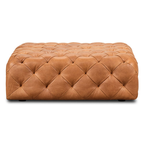 Large Square Tufted Leather Ottoman – Cognac Tan