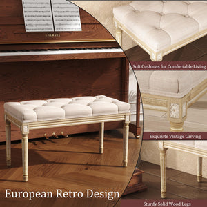 Upholstered Vanity Bench with Button Tufting & Carved Wood Legs