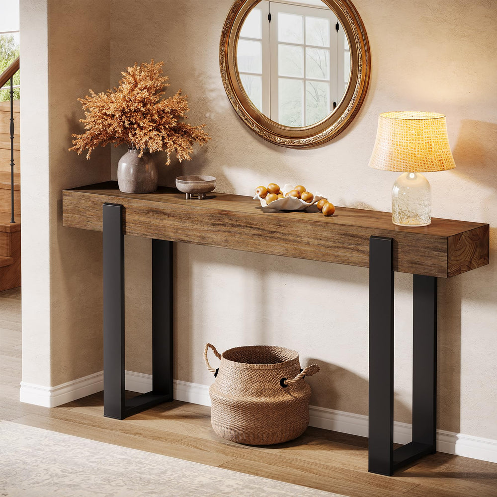 63-Inch Console Table with Solid Wood Top & Metal Legs