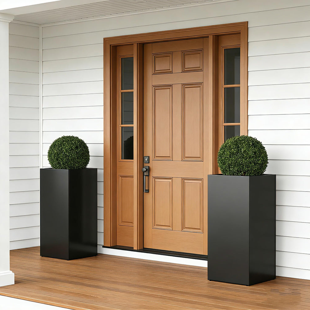 Tall Metal Outdoor Planter with Removable Shelf — 14"L x 14"W x 30"H, Black (Set of 2)