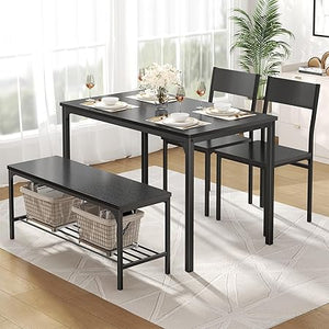 Dining Table Set with Bench – 3 or 4 Piece, Black or Grey