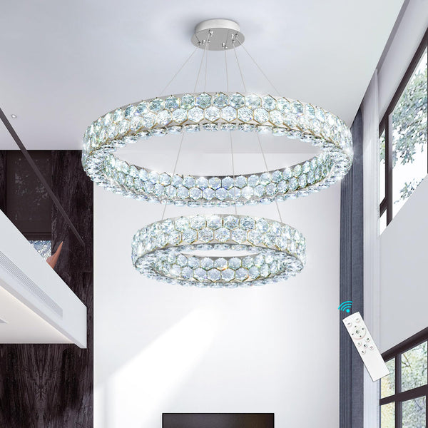 Dual Ring Crystal LED Chandelier – Dimmable Ceiling Light, Silver
