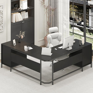 L-Shaped Corner Desk with 6 Drawers and File Cabinet