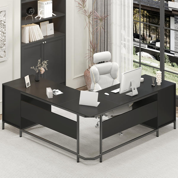 L-Shaped Corner Desk with 6 Drawers and File Cabinet