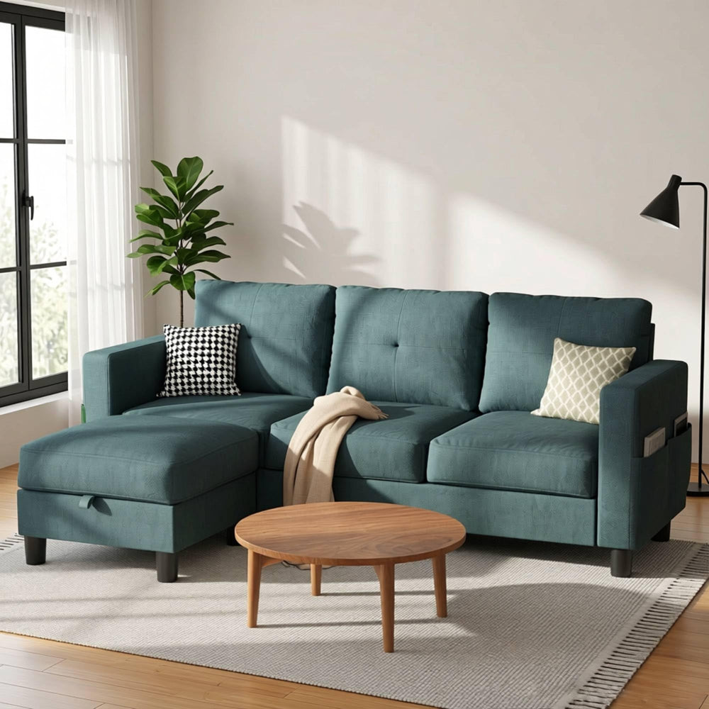 L-Shaped Sectional Sofa with Storage Ottoman | 3-Seat Linen Couch