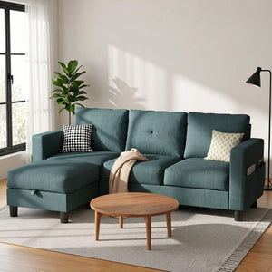 L-Shaped Sectional Sofa with Storage Ottoman | 3-Seat Linen Couch