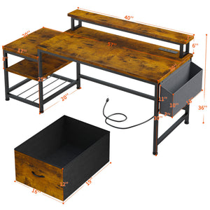 L-Shaped Office Desk with Drawers, Monitor Stand & Power Outlets