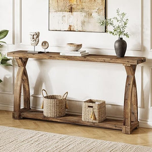 63-Inch Solid Wood Console Table with 2-Tier Storage