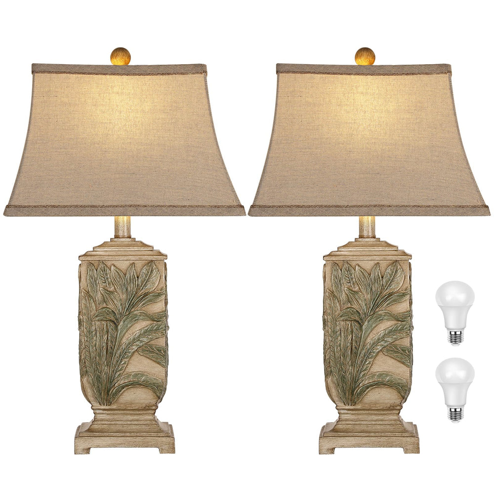 Vintage Farmhouse Table Lamp Set of 2 – 3-Color LED, Resin Base, Linen Shade
