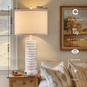 Farmhouse Table Lamps Set of 2 with USB Ports – Rustic Bedside & Living Room Lighting