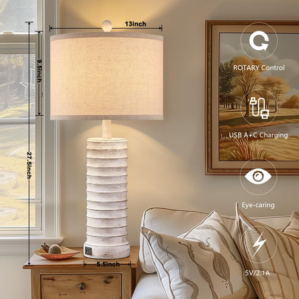 Farmhouse Table Lamps Set of 2 with USB Ports – Rustic Bedside & Living Room Lighting