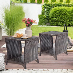 Outdoor Wicker Patio Side Table with Storage – 2-Layer PE Rattan End Table