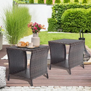 Outdoor Wicker Patio Side Table with Storage – 2-Layer PE Rattan End Table