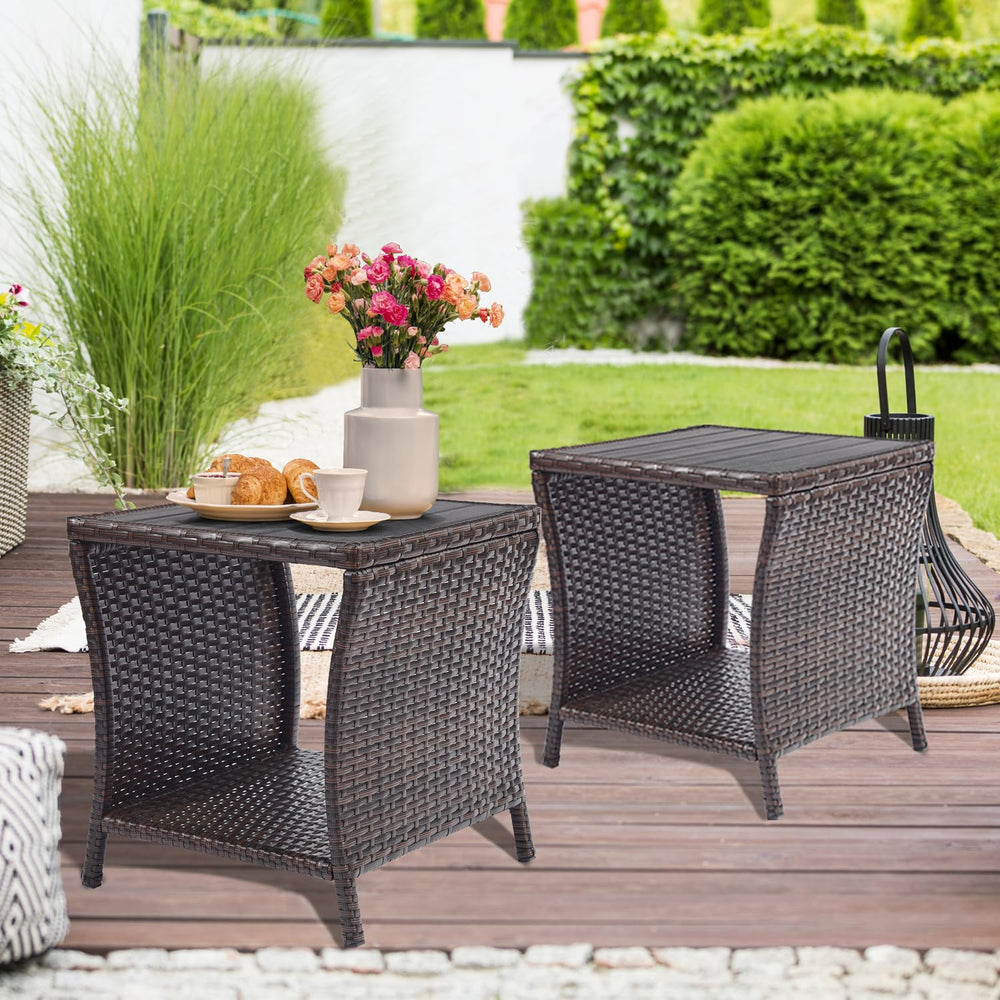 Outdoor Wicker Patio Side Table with Storage – 2-Layer PE Rattan End Table