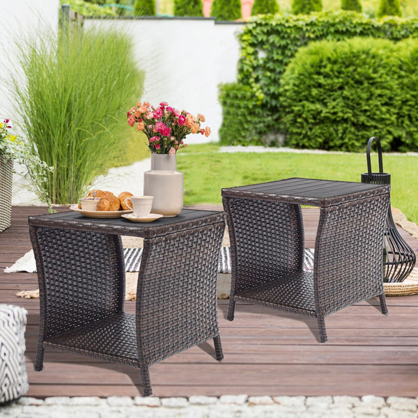 Outdoor Wicker Patio Side Table with Storage – 2-Layer PE Rattan End Table