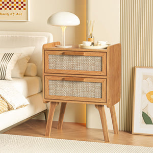 Boho Rattan Nightstand with 2 Drawers & Solid Wood Legs