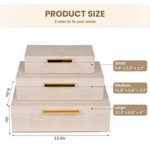 Ivory Shagreen Decorative Boxes Set of 3 with Gold Handles & Velvet Lining