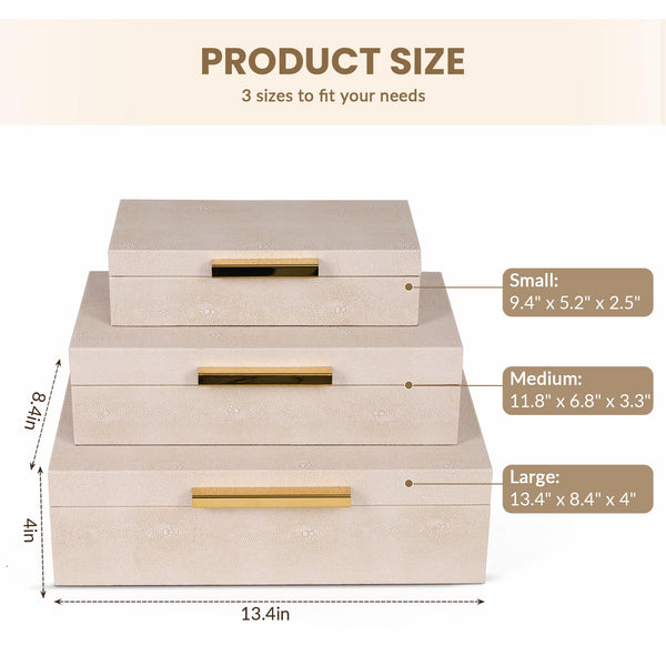 Ivory Shagreen Decorative Boxes Set of 3 with Gold Handles & Velvet Lining
