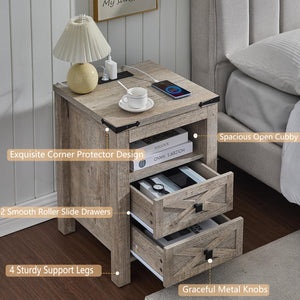 Farmhouse Nightstand with Charging Station, 2 Drawers & Open Shelf