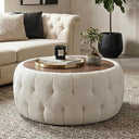 Round Storage Ottoman with Wooden Tabletop – Tufted Teddy Fleece, 30.5"