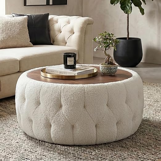 Round Storage Ottoman with Wooden Tabletop – Tufted Teddy Fleece, 30.5"