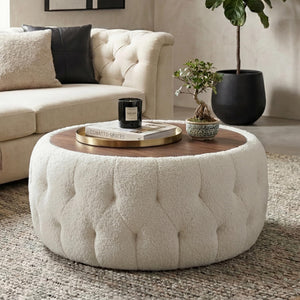 Round Storage Ottoman with Wooden Tabletop