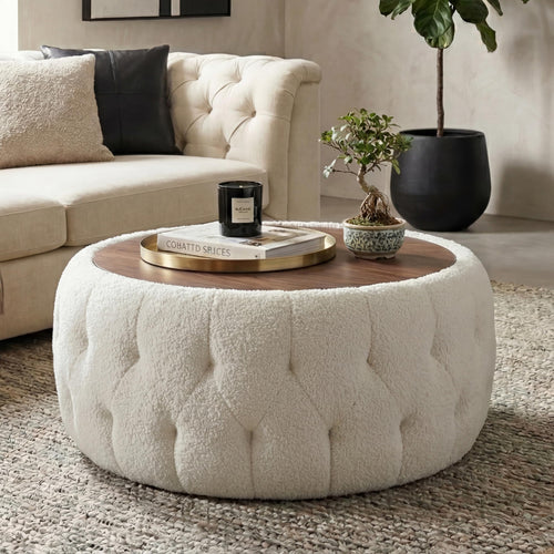 Round Storage Ottoman with Wooden Tabletop