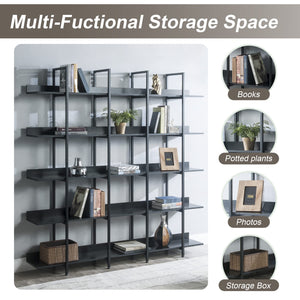 5-Shelf Industrial Open Bookcase with Metal Frame
