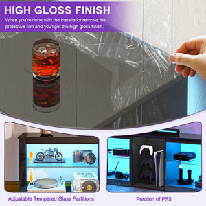 63-Inch High Gloss TV Stand with LED Lights & Glass Shelves